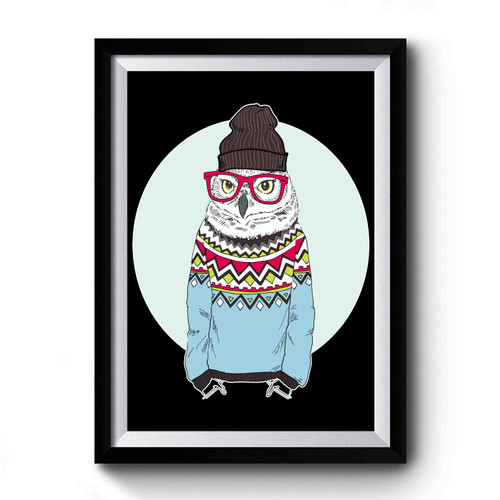 Funny Owl Hipster In Jacquard Pullover Wearing Beanie And Glasses Premium Poster Funny Owl Hipster In Jacquard Pullover Wearing Beanie And Glasses Premium Poster