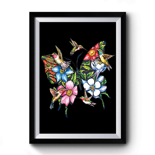 Hummingbird Butterfly Flowers Garden Colorful Premium Poster