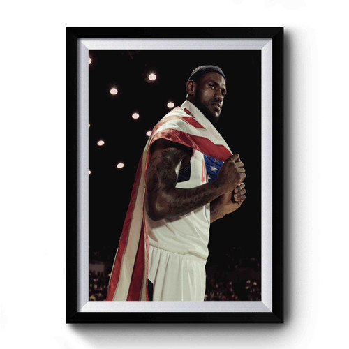 Lebron James With American Flag Premium Poster