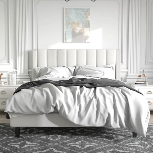 Queen size White Velvet Upholstered Platform Bed Frame with Headboard Q280-QWAVB20492573