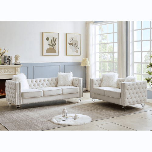 Beige, 2+3 Seat Sofa Set, Velvet Crystal Buckle Upholstery Sofa, Crystal Feet, Removable Cushion, F T575-S0671294544