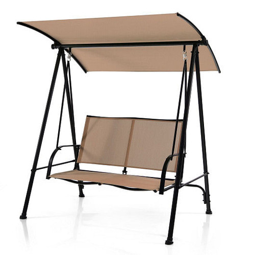 2-Seat Outdoor Canopy Swing with Comfortable Fabric Seat and Heavy-duty Metal Frame-Beige - Color:  D681-NP10403BE