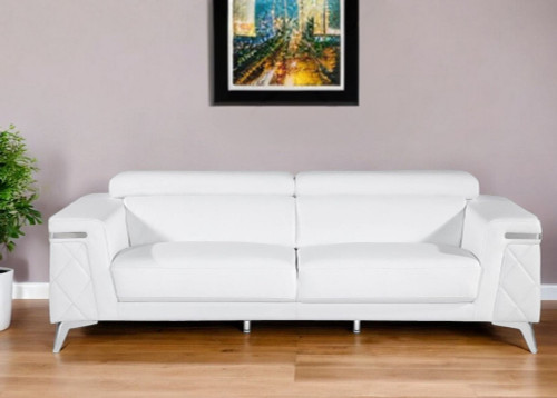 89" White Italian Leather Sofa With Silver Legs N270-534158