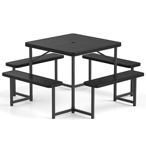 Outdoor Square Picnic Table Bench Set for 4-8 People with Umbrella Hole-Black - Color: Black D681-NP12106BK