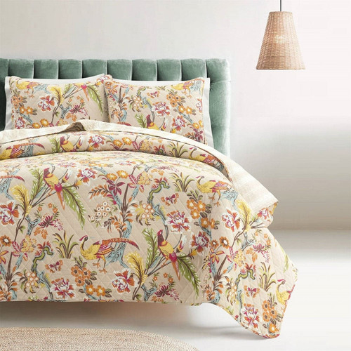 King size 3 Piece Peacock Birds Floral Lightweight Polyester Quilt Set Tan Q280-MNLOD526284