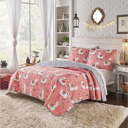 Twin/Twin XL Pink Blue Reversible Floral Llama Cotton Quilt Set Q280-PBLL4399