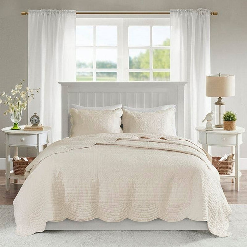 Full/Queen size 3-Piece Reversible Scalloped Edges Microfiber Quilt Set in Cream Q280-CRQU7299