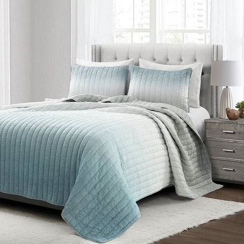 Full/Queen Aqua Blue and Grey Lightweight Polyester Fabric 3 Piece Quilt Set Q280-AQFQS56778