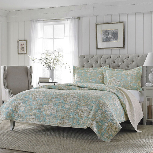 Full / Queen 3-Piece Cotton Quilt Set in Seafoam Blue Beige Floral Pattern Q280-FQSFB9584213