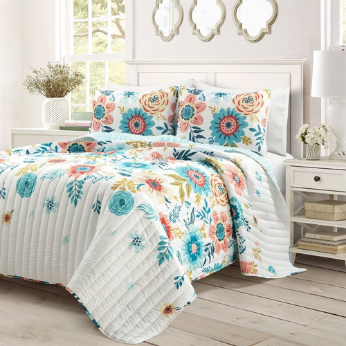 King size Lightweight Floral Teal Blue Pink White 3-Piece Polyester Quilt Set Q280-KINFLOR88947