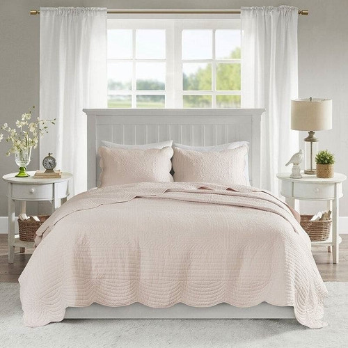 King Size 3 Piece Reversible Scalloped Edges Microfiber Quilt Set in Blush Q280-BLKI8099