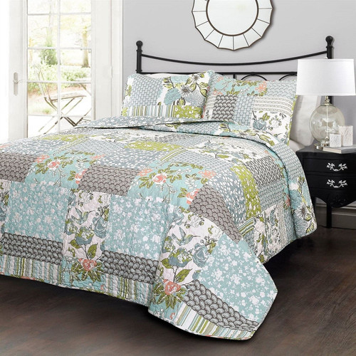 Full/Queen Boho Floral Blue Cotton Lightweight Quilt Set Q280-FQFHU6544