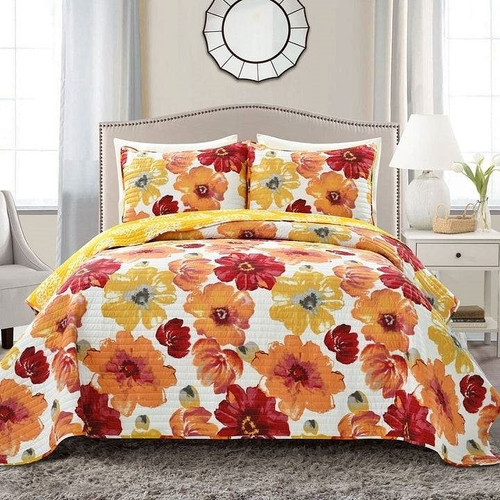 Full/Queen Red Orange Flowers Lightweight Polyester Microfiber Quilt Set Q280-REDORFA87441