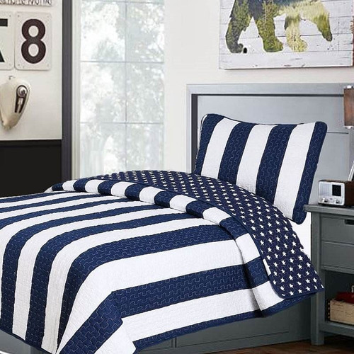 Twin 2 Piece Navy White Stars Stripes 100-Percent Cotton Reversible Quilt Set Q280-TWSS1099