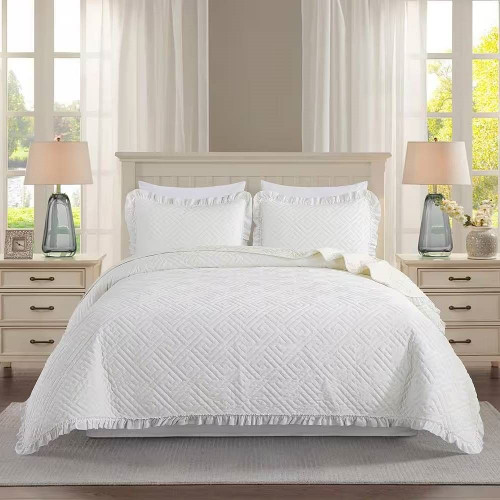 Queen size Ivory White Velvet Microfiber Polyester Reversible 3-Piece Quilt Set Q280-QNIVRS29361478