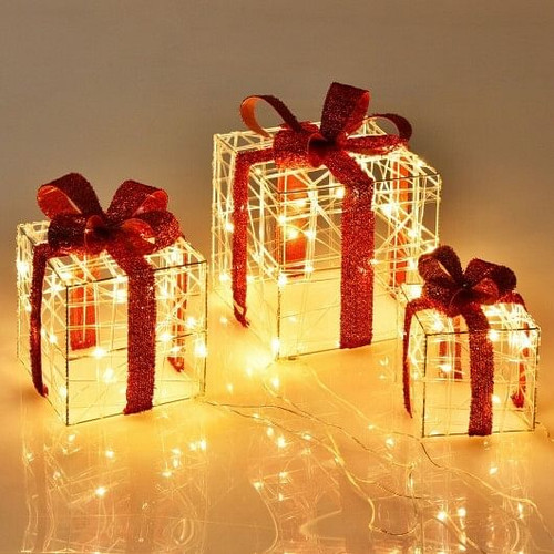 3 Pieces Christmas Lighted Gift Boxes Decorations with 60 LED Lights for Indoor and Outdoor - Color D681-EU10020US