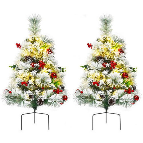 2 Feet Set of 2 Pre-lit Pathway Flocked Christmas Trees Battery Powered B593-CM22864
