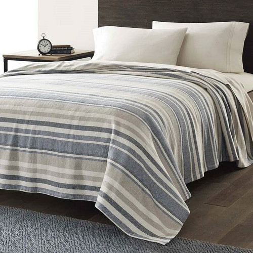 Twin size Navy Blue Tan Cream Chevron Stripe Lightweight Cotton Blanket Q280-TWBLEHC42914583