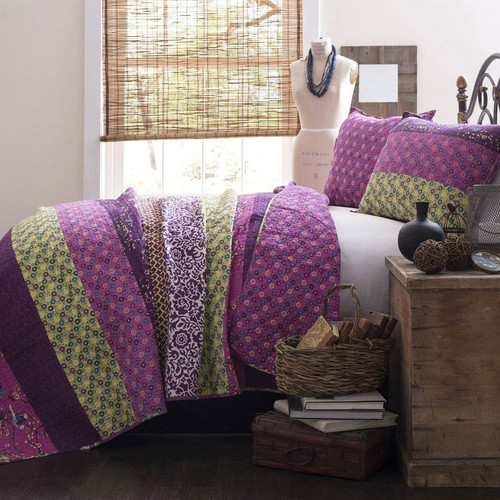 Full/Queen Vibrant Purple Yellow Boho Floral Reversible Lightweight Quilt Set Q280-FQPPLD881452