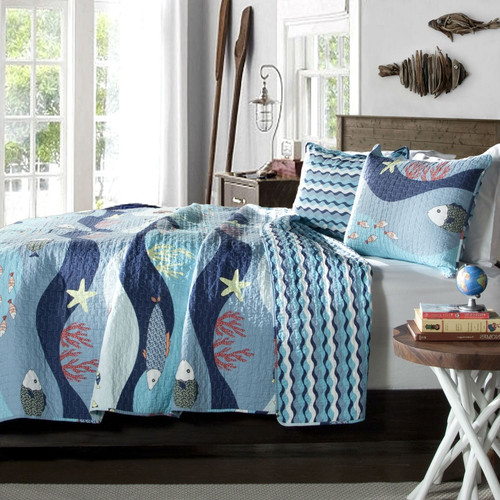 Full / Queen Blue Serenity Sea Fish Coral Coverlet Quilt Bedspread Set Q280-FGLDSLQ3
