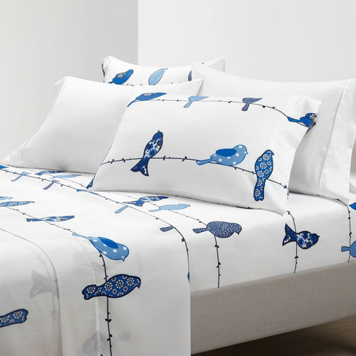 Queen size Blue White Floral Birds on Wire Soft Polyester 6 Piece Sheet Set Q280-QUBBDRT65412