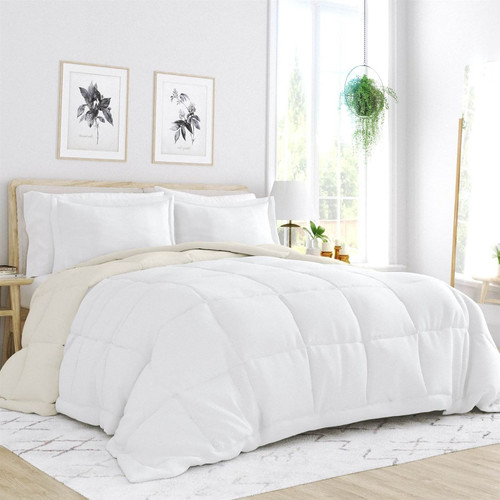Full/Queen size 3-Piece Microfiber Reversible Comforter Set in White and Cream Q280-WHFQ1523