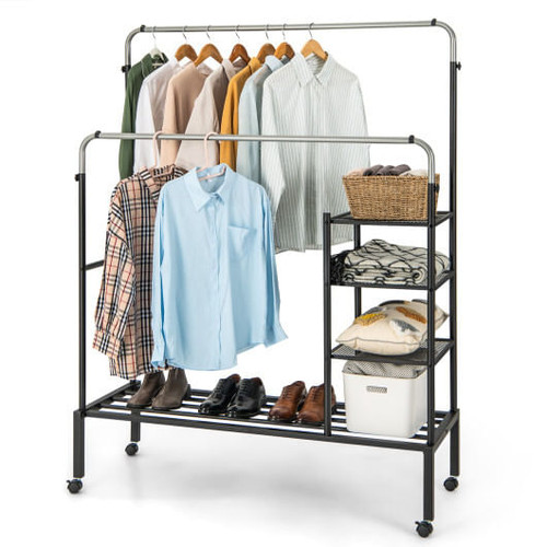 Rolling Double Rods Garment Rack with Height Adjustable Hanging Bars-Silver - Color: Silver D681-JZ10244SL