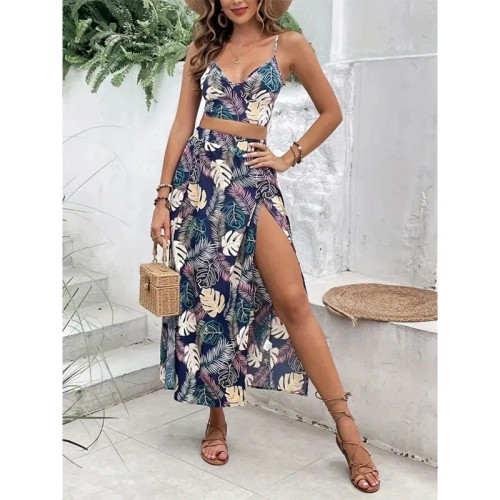 Color: MULTI, Size: S - Elegant Deep V-neck Dress Women Summer Sleeveless Printed Vest Skirt Set Se F640-12000048940118200