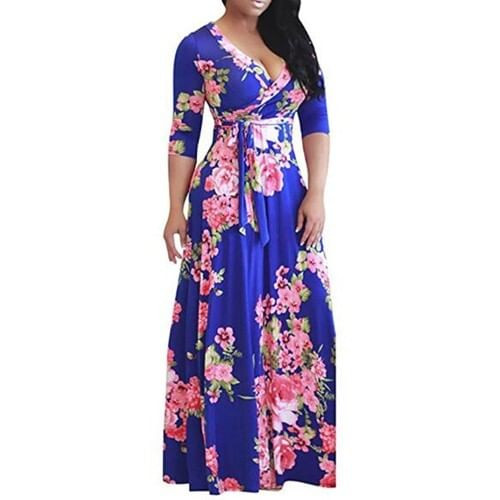 V-neck Fashion Floral Printing Women Dress - Royal Blue A392-fasd0064