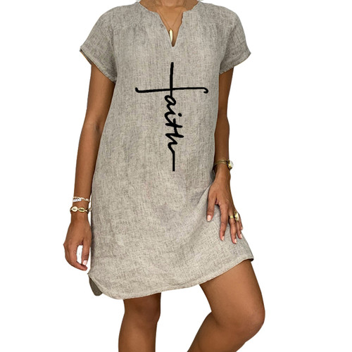 Summer Loose Print Short-sleeved V-neck Cotton And Linen Dress Women's Clothing Q119-CJLY1217321