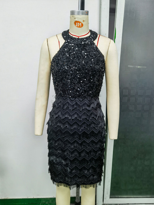 Color: Round Neck, Size: M - Round Neck Sleeveless Tassel Stitching Women's Clothing Sequins Dress Q119-CJLY204792602BY