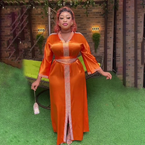 African Ethnic Style Women's Clothing Dress Rayon Hot Rhinestone V-neck With Belt Q119-CJYD1987793