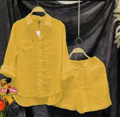 Color: Yellow, Size: S - Fashion White Long Sleeve Shirt And Shorts Two Piece Sets Women 2024 Summe F640-12000041582177161