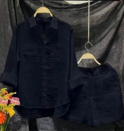 Color: black, Size: L - Fashion White Long Sleeve Shirt And Shorts Two Piece Sets Women 2024 Summer F640-12000041582177139