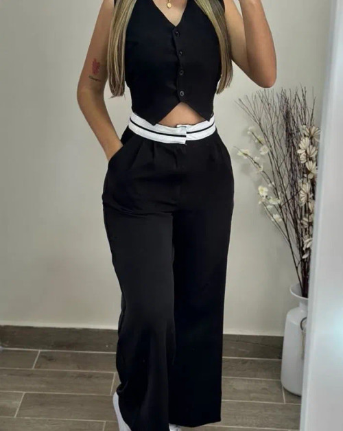 Color: black, Size: S - New Women's Two-Piece 2024 Summer Casual Sexy Elegant V-Neck Twist Button T F640-12000039405273345