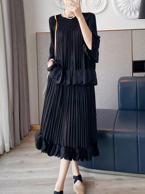 Miyake Pleated Long Sleeved Patchwork Shirt 2024 Fashion Designer Women's Half Skirt Two-piece Set  F640-3256806584939518