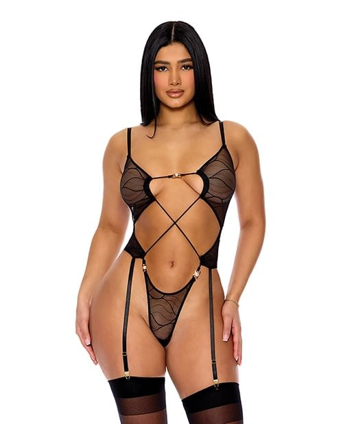 Pull My Strings Sheer Mesh Teddy w/Garters & Faux Pearl Details - Black XL X615-FRPL774500-BK-X0