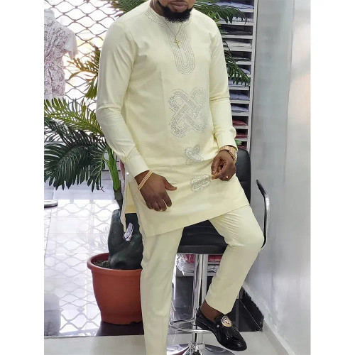 Color: Red, Size: XL - New Dashiki Men's Set Grey Round Neck Long Sleeve Luxury Brand Men's Suit Ca F640-12000038801505178