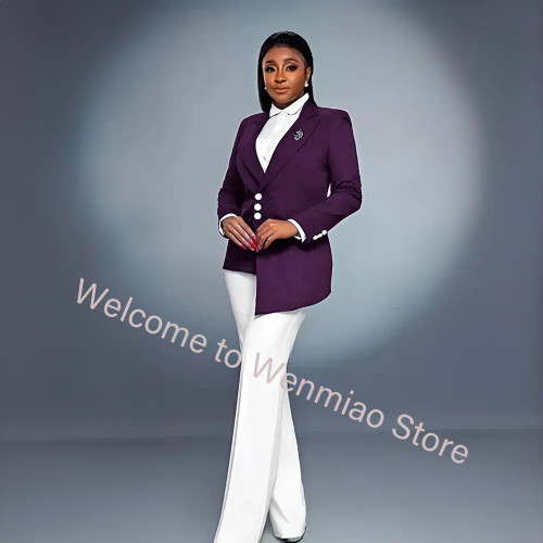 Color: PURPLE, Size: XL - Navy Women's Blazer 2-piece Set Fashionable Jacket Pants Set Ladies Suit  F640-12000036647738300