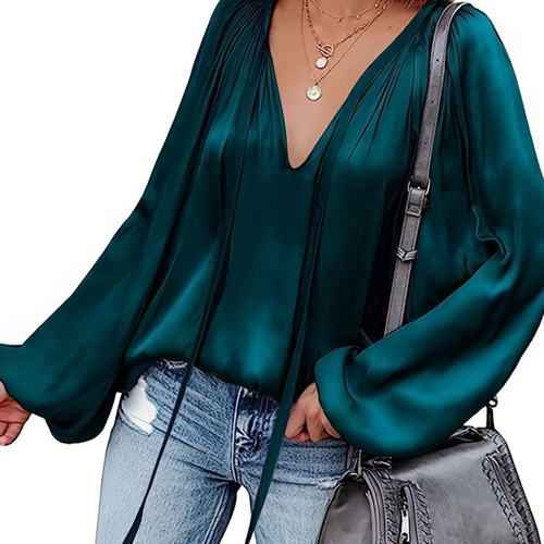 Color: Emerald Green, Size: M - Women's Satin V-neck Long Sleeve Shirt Leisure Bloomers Q119-CJYD243678127AZ