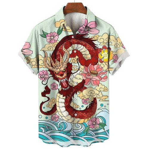 Color: Ivory, Size: 4XL - Summer Men's Dragon Pattern Element Shirt Social Casual Vintage Hawaiian  F640-12000039223656087