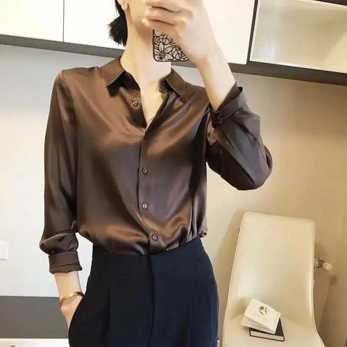 Color: Coffee, Size: L - All-match Satin Finish Shirts And Blouses Women Clothing Casual Top OL Lon F640-12000038605692363
