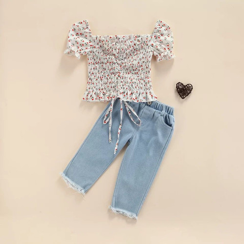 Summer Girls Bubble Floral Plastic Waist Top  Denim Pants Fashion Set Q119-CJNT1162055