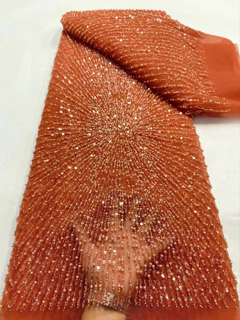Color: RED, Width: 120cm, Length: 5 yards - Wholesale Beaded Lace Fabric, French Mesh With Sequence F640-12000047021450086