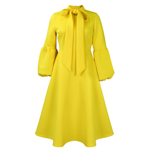 Color: Yellow, Size: XXL - Puff Sleeve Lace-up Large Skirt High Waist Dress Q119-CJLY201517511KP