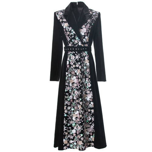 Heavy Embroidery Sequins Lapel Long Sleeve Long Black Velvet Dress Q119-CJLY2275174
