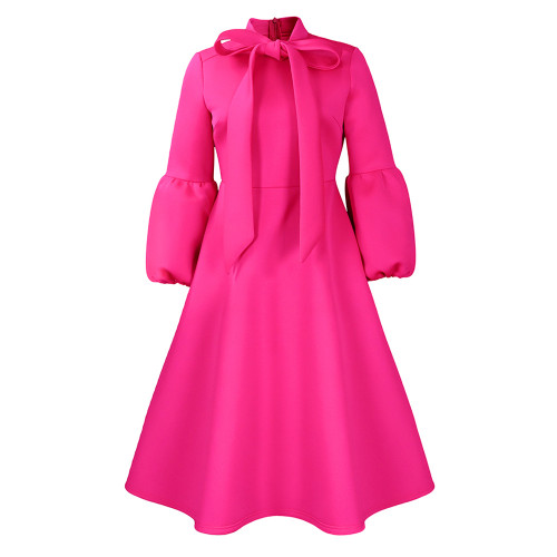 Color: Rose Red, Size: XL - Puff Sleeve Lace-up Large Skirt High Waist Dress Q119-CJLY201517528BY