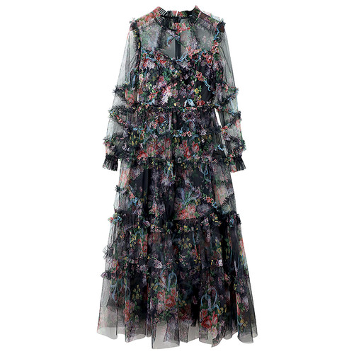 Color: Black, Size: S - Spring Fairy Dress Sweet First Love Super Fairy French Long Dress Mesh Flor Q119-CJLY114587607GT