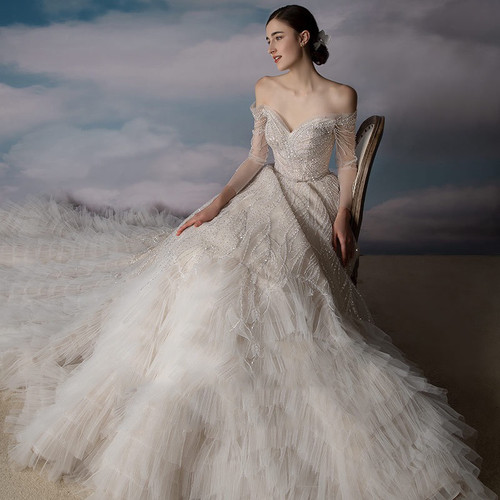 Color: Trailing, Size: 2XL - Women's Fashion Simple Long-sleeved One-shoulder Princess Dress Q119-CJLY175447413MN