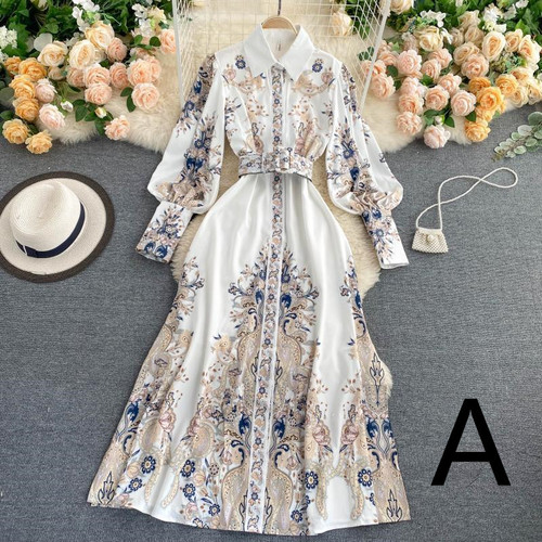 style: A, Size: L - Printed Dress, Lapel, Puff Sleeves, Loose Tie, Thin, Fairy Style Holiday Skirt Q119-CJLY118901402BY